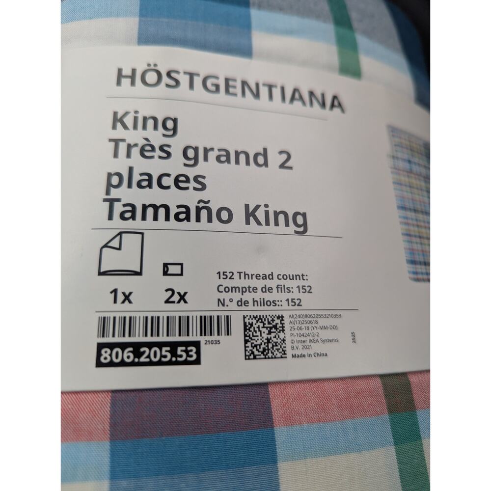 Ikea HOSTGENTIANA King Duvet Cover 2 pillowcases Set Multicolor Check Plaid NEW - Picture 2 of 3